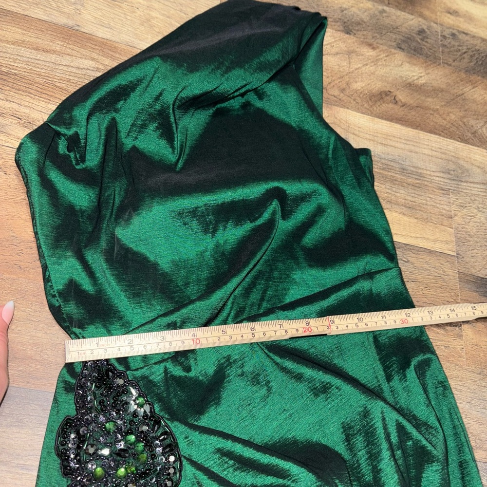 Xscape by Joanna Chen Emerald Green Satin Cocktail Dress w/ Beaded Accent - Picture 6 of 8